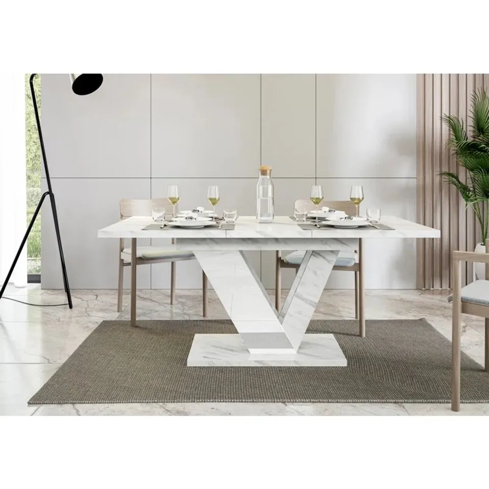 BOXED EXTENDABLE DINING TABLE DUBAI - MARBLE/WHITE GLOSS FINISH 