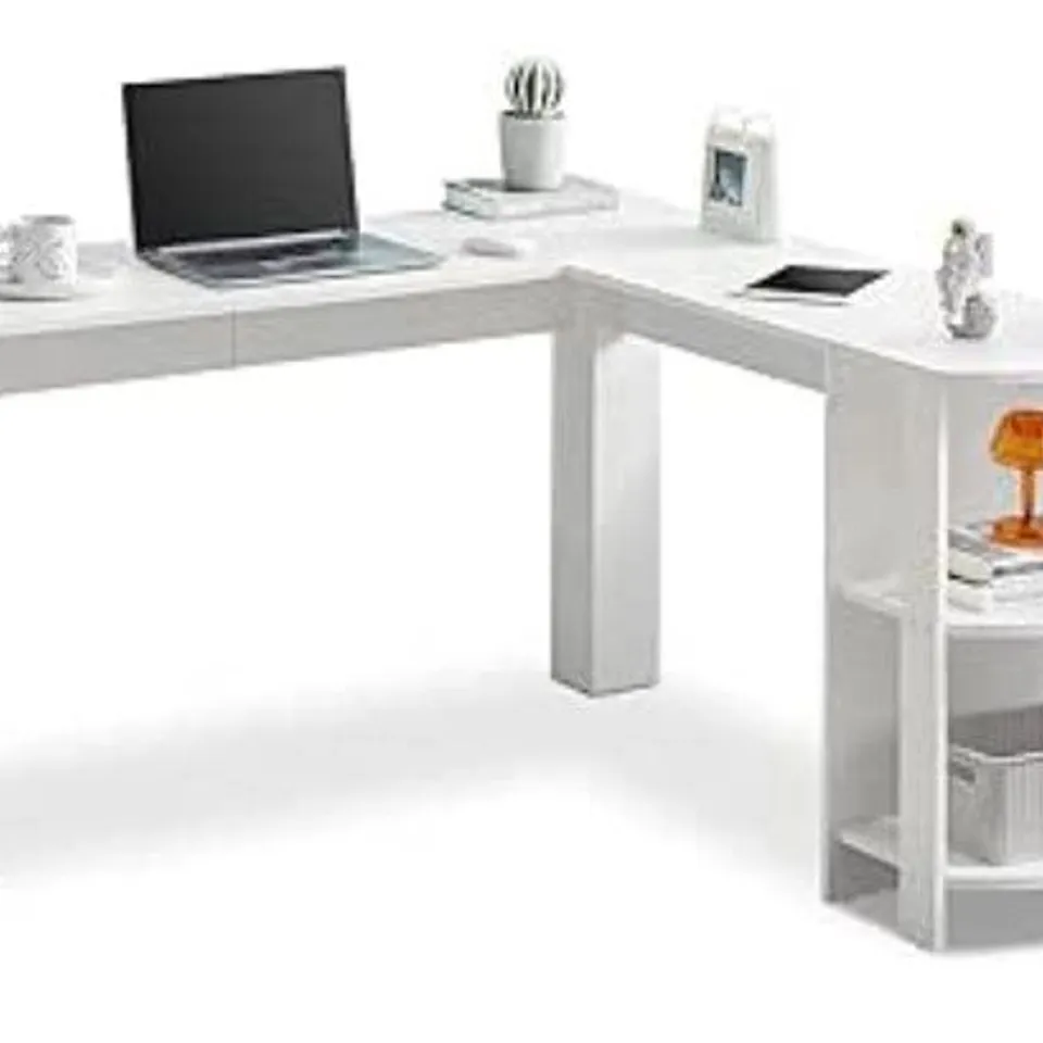 BOXED OFCASA L SHAPED DESK FOR HOME WORKING GAMING WHITE CORNER COMPUTER DESK WITH 2 TIERS OPENED BOOKSHELVES 