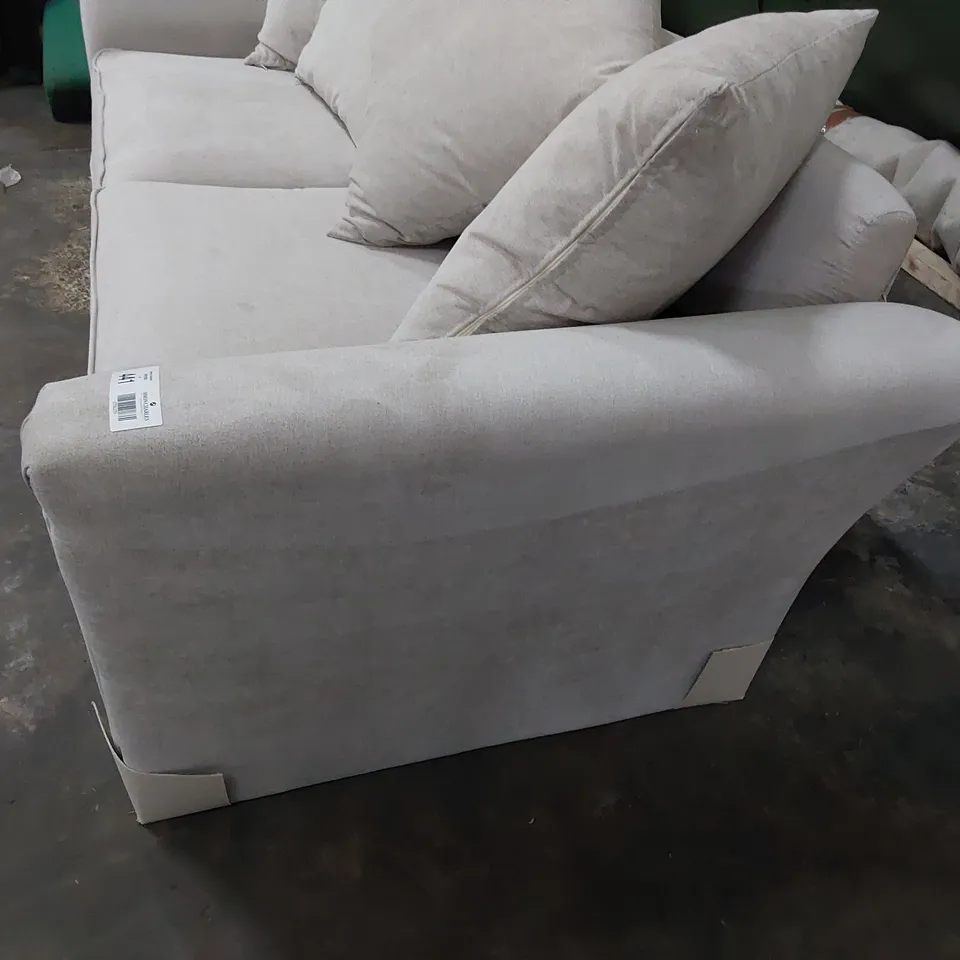 DESIGNER THREE SEATER SOFA WITH SCATTER CUSHIONS LIGHT GREY FABRIC 
