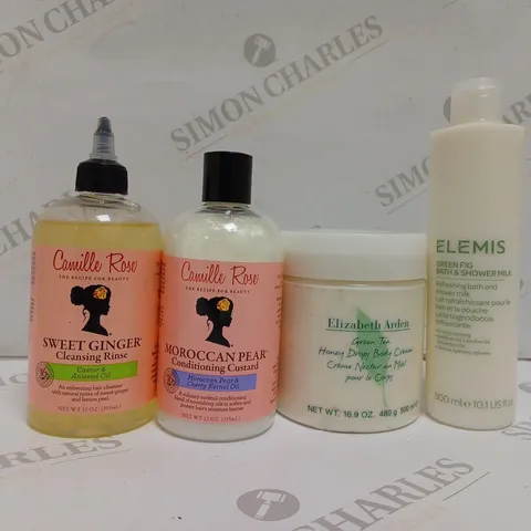 APPROXIMATELY 10 ASSORTED HEALTH AND BEAUTY PRODUCTS TO INCLUDE ELEMIS GREEN FIG BATH AND SHOWER MILK, ELIZABETH ARDEN GREEN TEA HONEY DROP BODY CREAM, CAMILLE ROSE MOROCCAN PEAR CONDITIONING CUSTARD