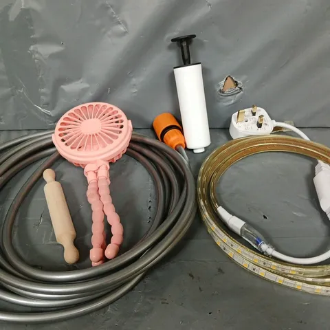 APPROXIMATELY 10 ASSORTED ITEMS TO INCLUDE - FAN , HAND PUMP , LIGHT STRIP ETC
