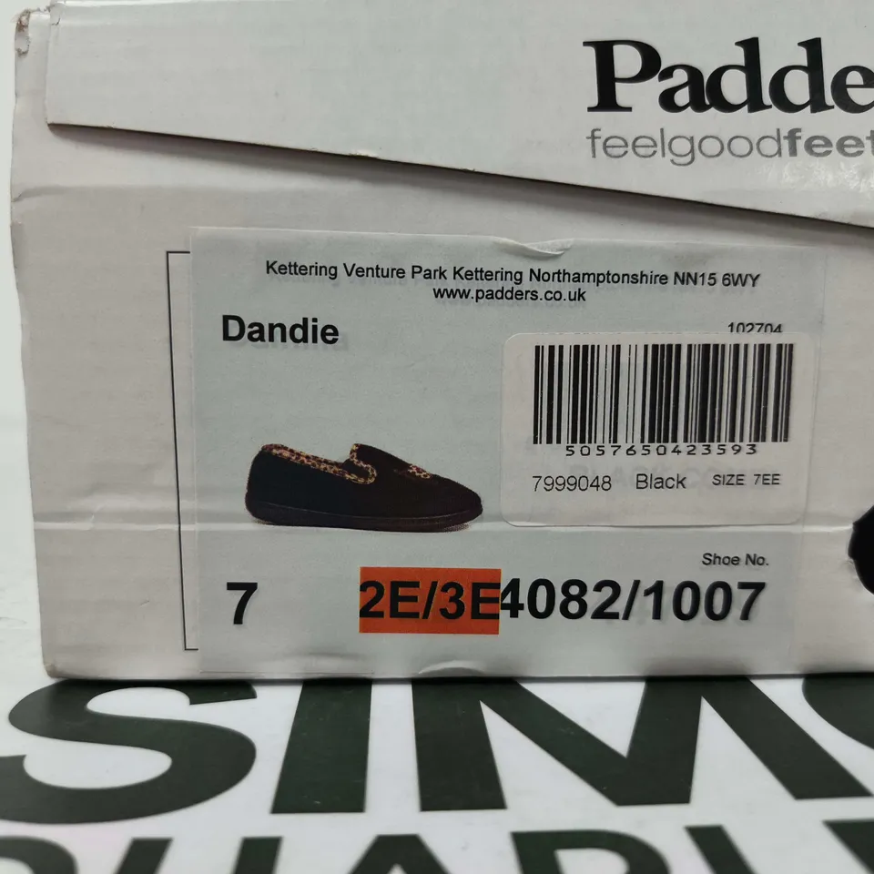 PADDERS DANDIE SLIPPERS – BLACK WITH LEOPARD PRINT TRIM, UK 7