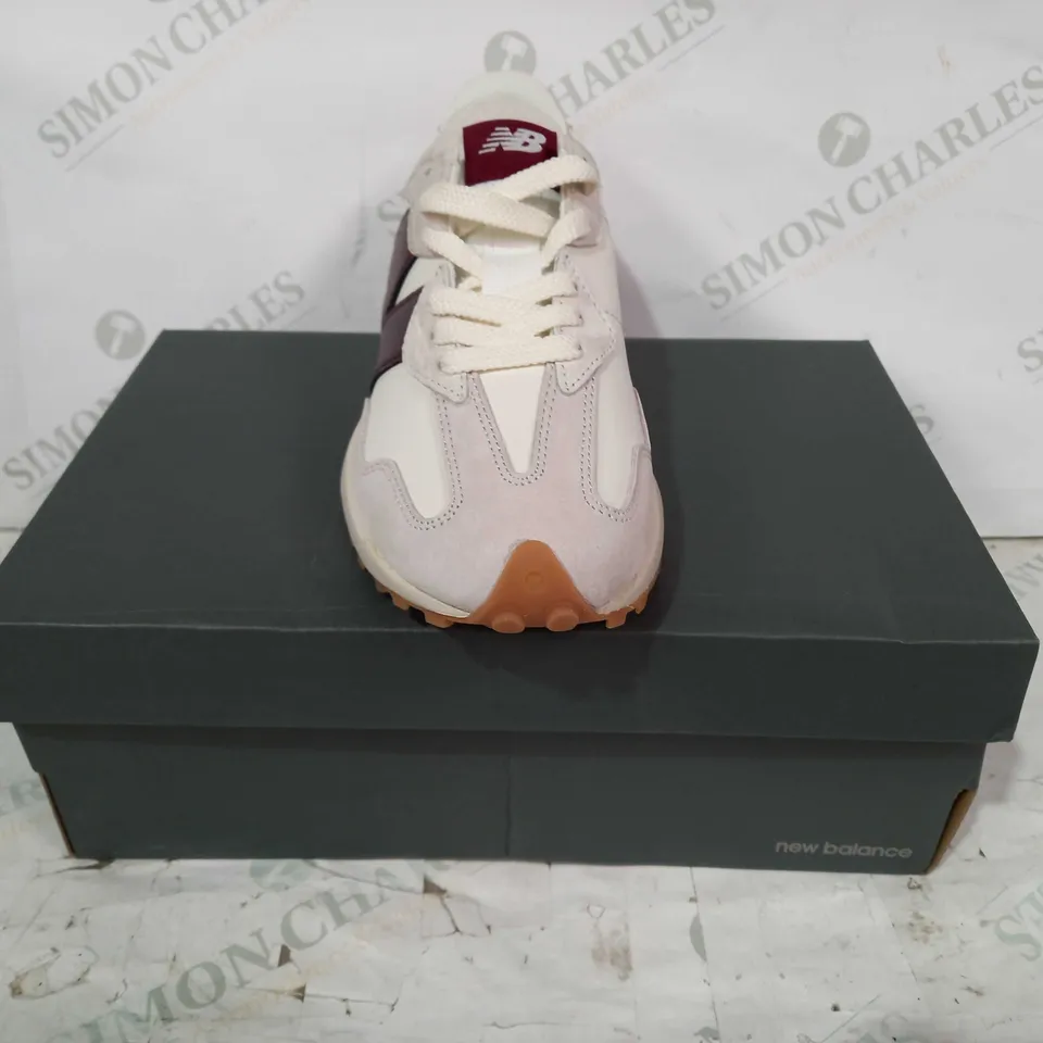 BOXED PAIR OF NEW BALANCE 327 SHOES IN CREAM/BROWN UK SIZE 6.5
