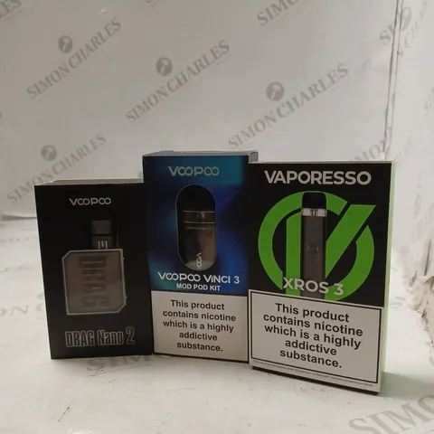 LOT OF THREE TO INCLUDE VAPORESSO XROS 3 , VOOPOO VINCI 3 MOD POD KIT , ETC