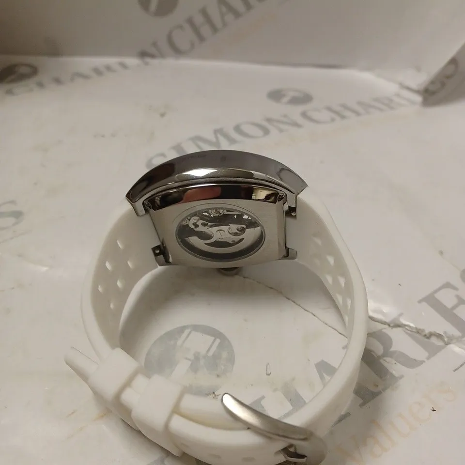 MENS AUTOMATIC DESCHAMPS & CO WATCH – SKELETON DIAL – GLASS EXHIBITION BACK CASE – RUBBER STRAP