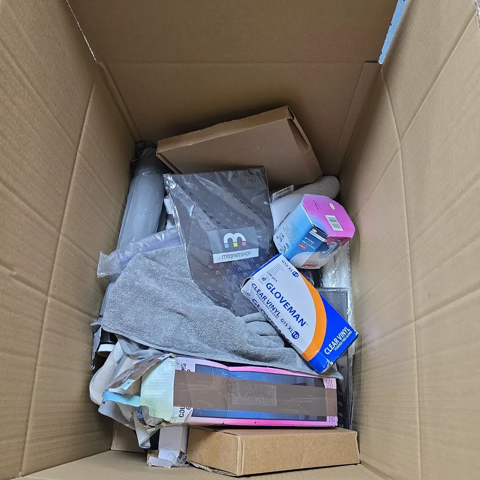 BOX OF APPROXIMATELY 15 ASSORTED HOUSEHOLD ITEMS INCLUDING MAGNETIC CRAFT SHEETS , CLEAR VINYL POWDER FREE GLOVES AND UNIBOND MOISTURE ABSORBER