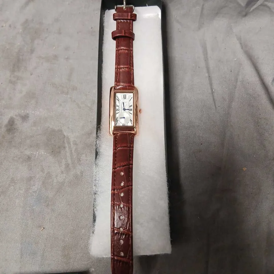 STOCKWELL RECTANGULAR VINTAGE GOLD-TONE WRISTWATCH WITH BROWN LEATHER STRAP