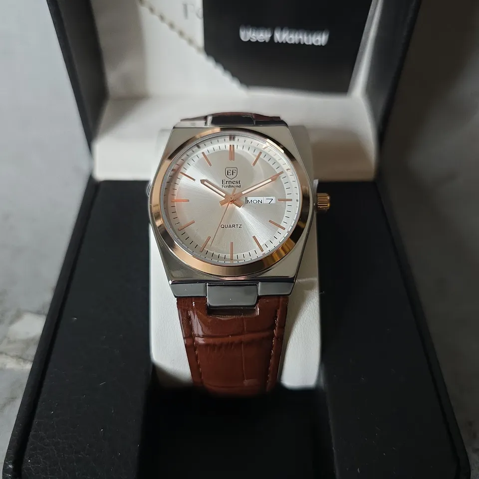 ERNEST FERDINAND WATCH – DAY DATE CALENDAR DIAL – LEATHER STRAP – 3ATM WATER RESISTANT - GIFT BOX