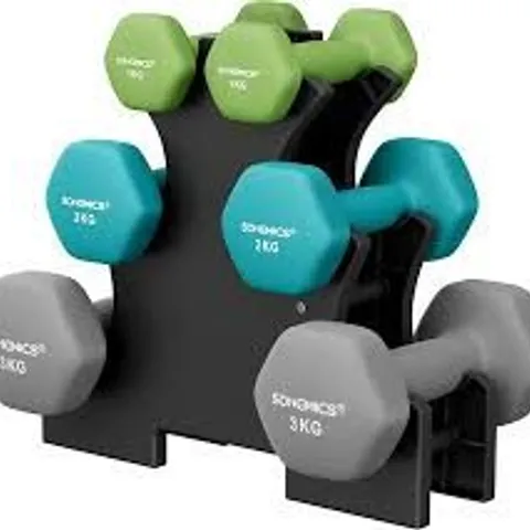 BOXED SONGMICS WEIGHT LIFTING DUMBBELL KIT WITH STORAGE STAND