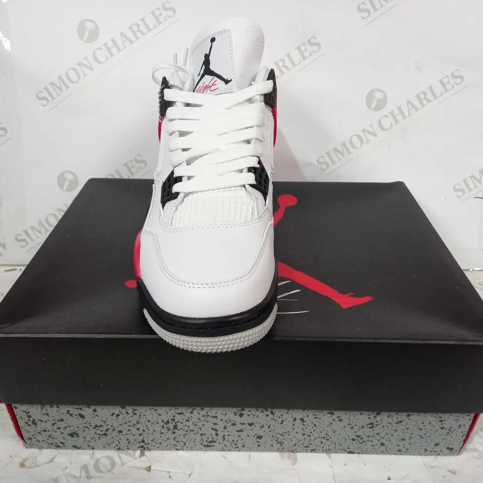 BOXED PAIR OF AIR JORDAN 4 RETRO SHOES IN WHITE/RED CEMENT COLOUR UK SIZE 10