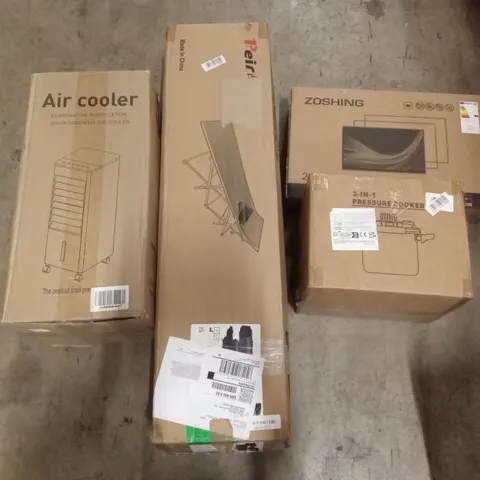 PALLET OF ASSORTED HOUSEHOLD GOODS AND PRODUCTS TO INCLUDE; AIR COOLER, PRESSURE COOKER, PRAM, COMPUTER MONITOR ETC