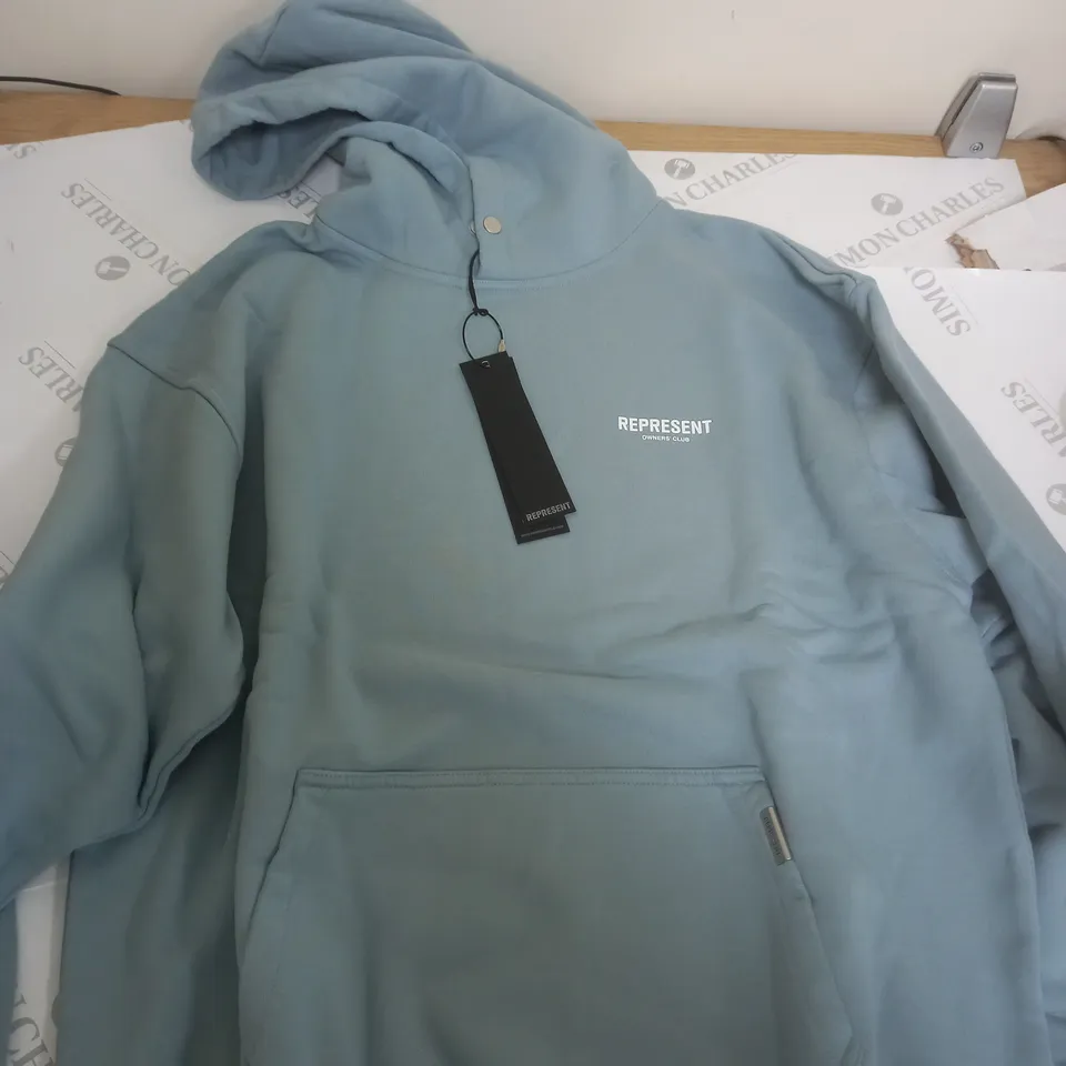 REPRESENT LIGHT BLUE PLAIN HOODIE WITH BACK GRAPHIC LOGO - L