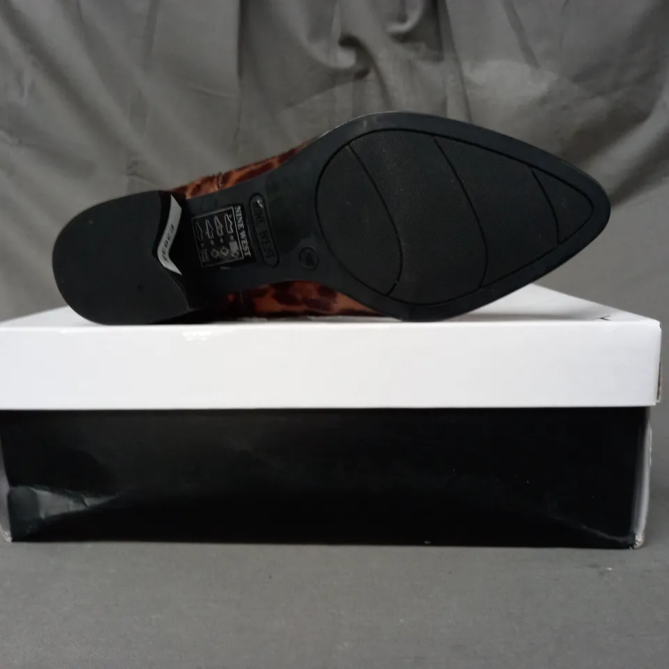 BOXED PAIR OF NINE WEST TAYE SYNTHETIC ANKLE BOOTS IN ANIMAL PRINT EU SIZE 35