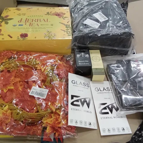 PALLET OF ASSORTED ITEMS INCLUDING GLASS SCREEN PROTECTOR, ARTIFICAL MAPLE LEAFS, BEARD OIL, HAIR GROWTH OIL, VAHDAM HERBAL TEAS, WINTER GLOVES SET