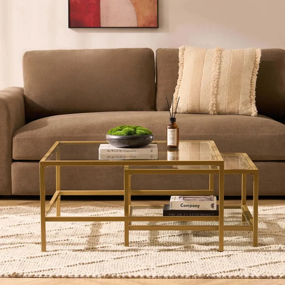 BOXED DUSK GLASS SQUARE NESTING COFFEE TABLES - GOLD (1 BOX)