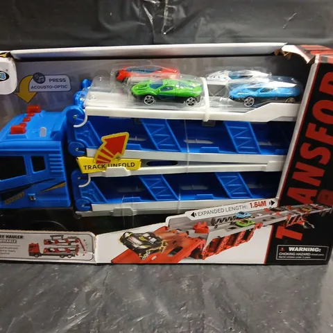 Transformable Speedway Hauler Toy Truck with Extendable Track