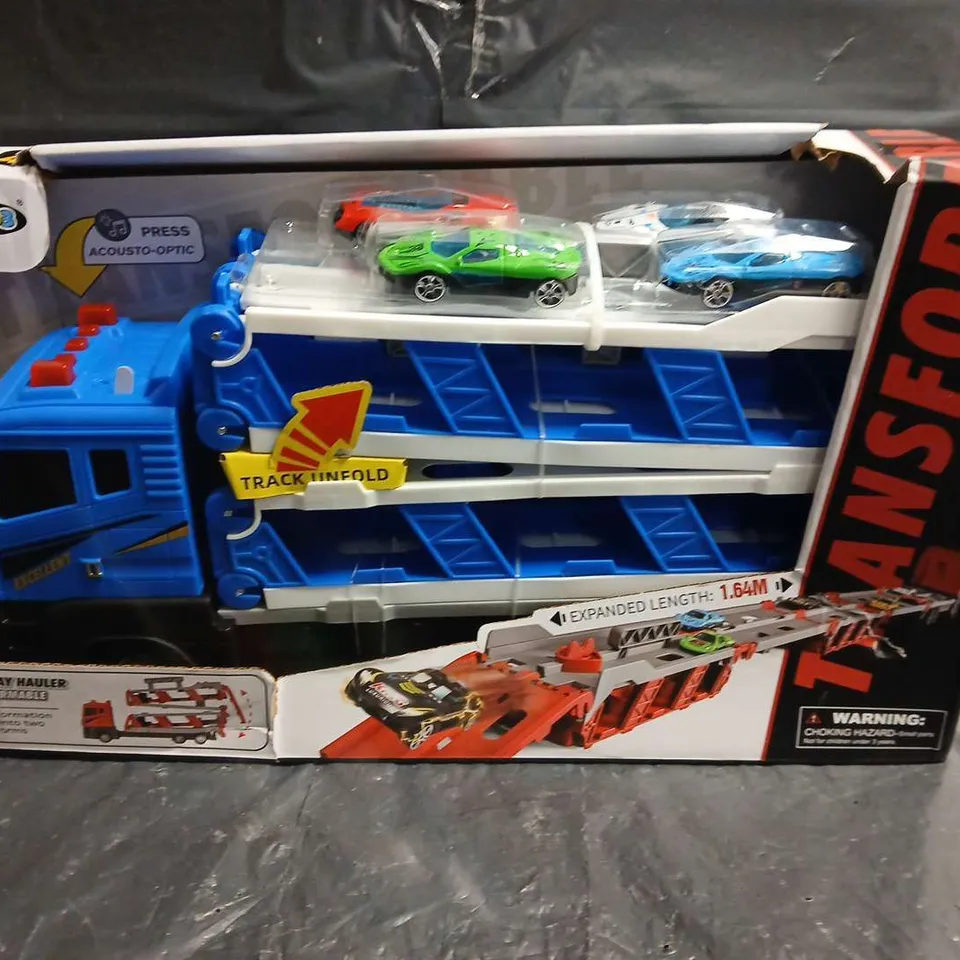 Transformable Speedway Hauler Toy Truck with Extendable Track