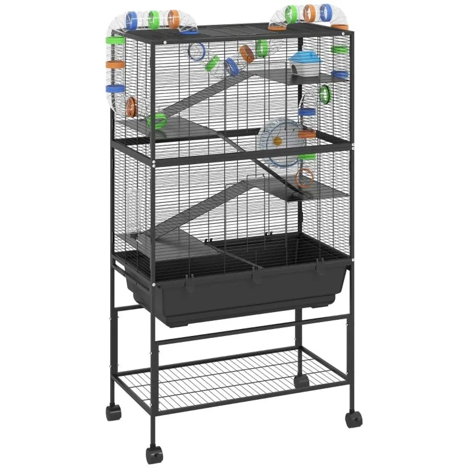 BOXED PAWHUT 5 TIER LARGE HAMSTER CAGE ON WHEELS WITH 17 CM DEEP TRAY, STORAGE SHELF FOR SYRIAN, GERBIL, RATS (1 BOX)