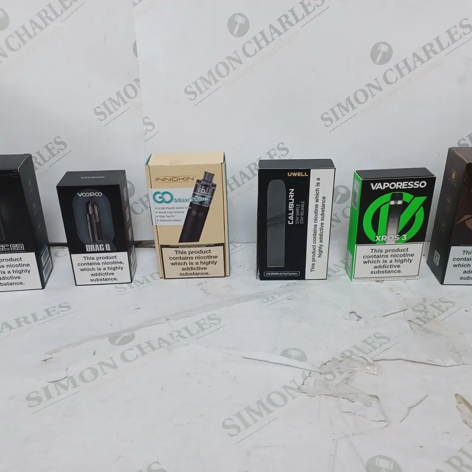 APPROXIMATELY 10 BOXED E-CIGARETTES TO INCLUDE VOOPOO DRAG Q, INNOKIN GO MAX, AND VAPORESSO XROS 3 ETC.