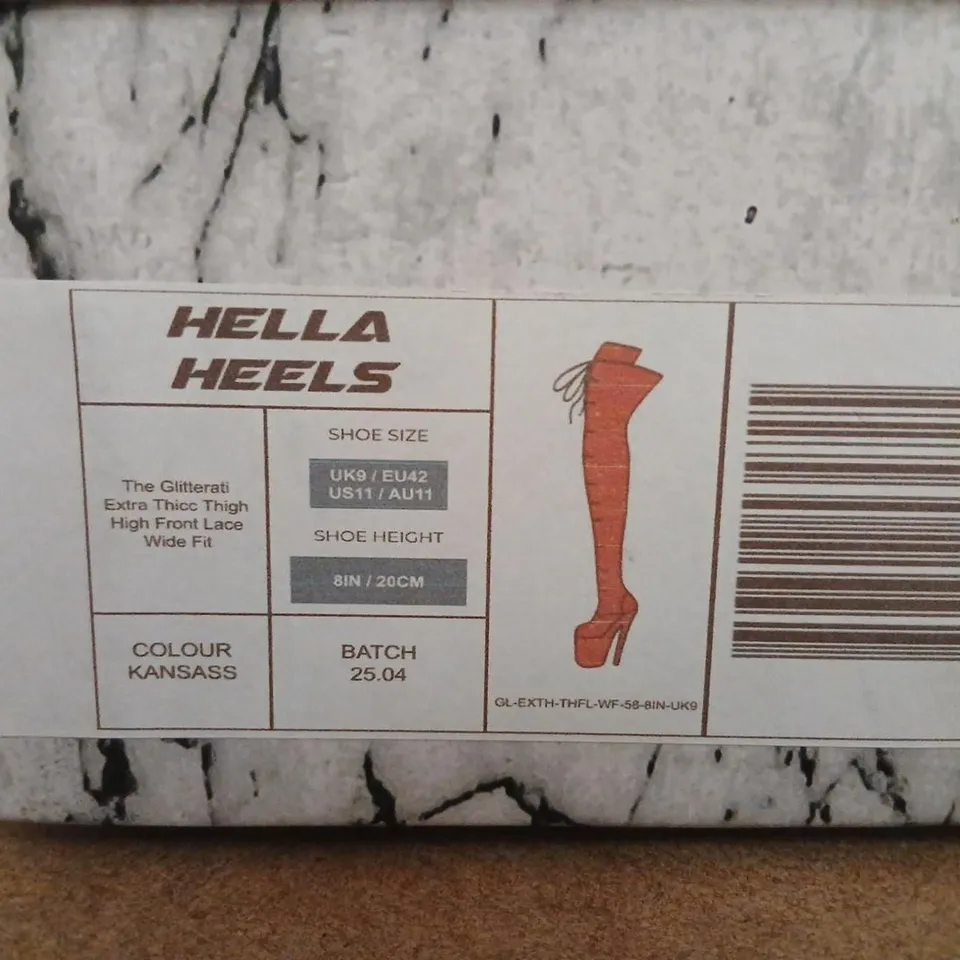 HELLA HEELS UK9 RED PATENT THIGH-HIGH BOOT BY HELLA HEELS (THE GLITTERATI) – FRONT LACE, 8IN SHAFT 