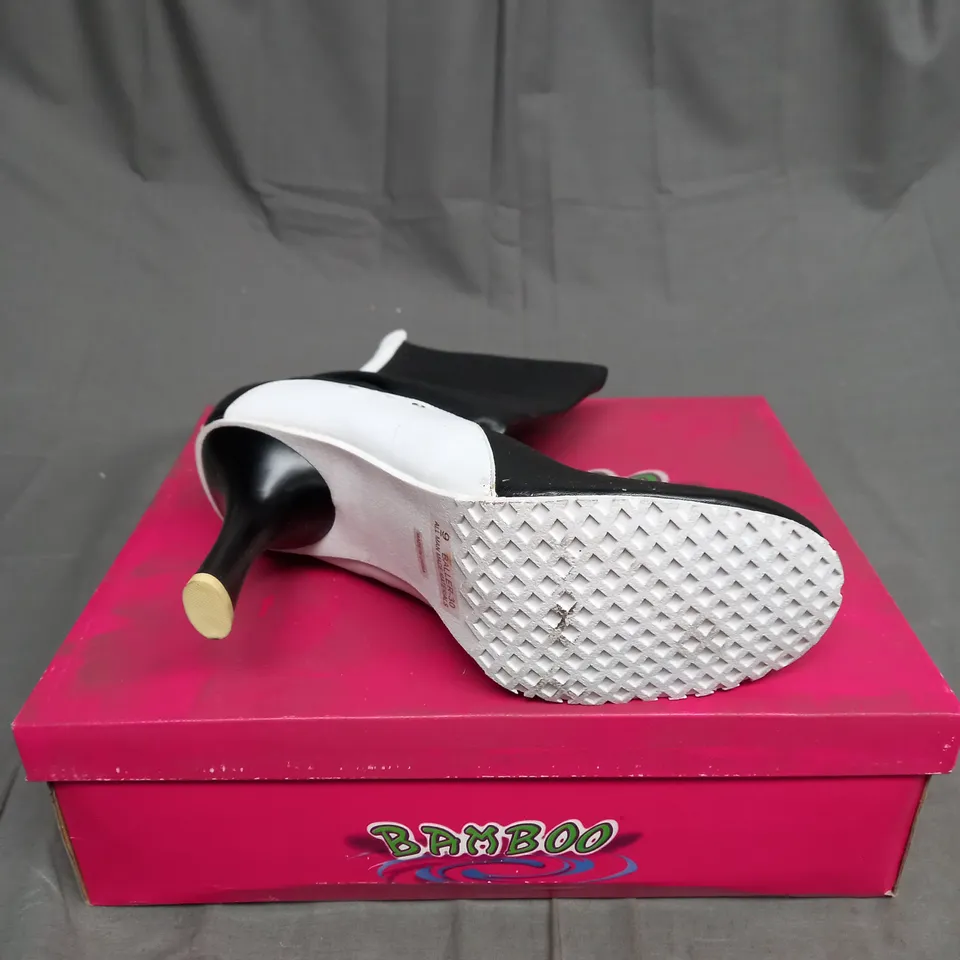 BOXED BAMBOO LEATHER BALLER HIGH HEEL SHOES IN BLACK AND WHITE SIZE 9