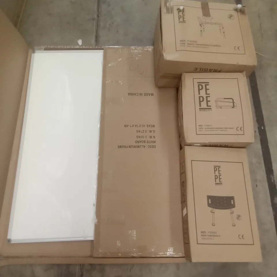 PALLET OF ASSORTED ITEMS INCLUDING ALUMINIUM FRAME WHITE BOARD, PEPE STOOL, PEPE TOILET RISER WITH HANDLES, PEPE BATH TRANSFER BENCH, LED CEILING FAN 