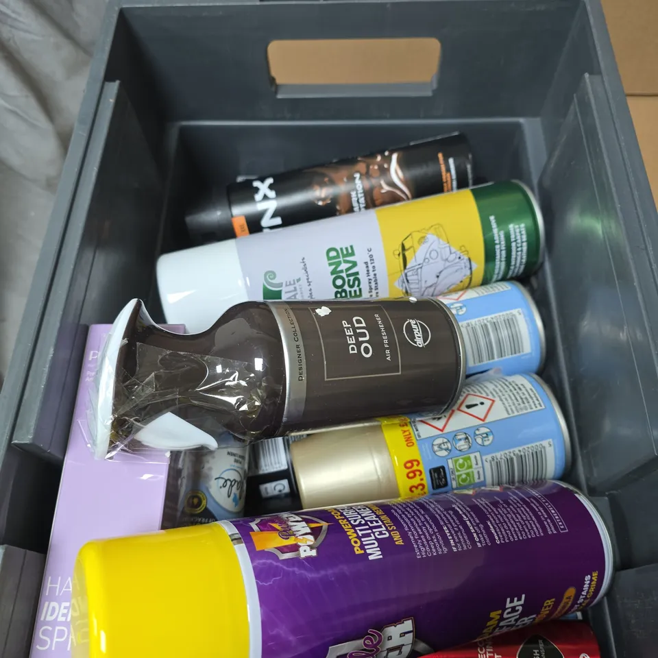 APPROXIMATELY 10 ASSORTED AEROSOLS INCLUDING LYNX DEODORANT , TRIMBOND ADHESIVE AND DEEP OUD AIR FRESHENER 