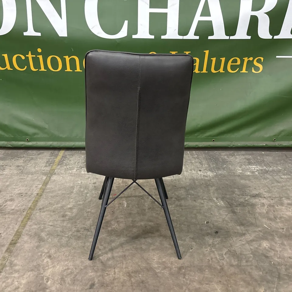 DESIGNER GREY LEATHER DINING CHAIR WITH BLACK METAL LEGS