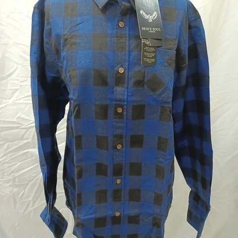 BRAVE SOUL CHECKED BUTTON LONG SLEEVE SHIRT, BLUE/BLACK - SIZE L