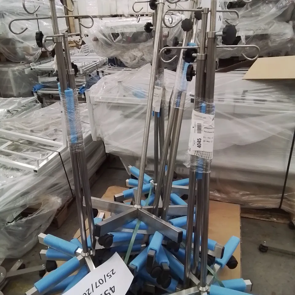 PALLET OF APPROXIMATELY 12 ASSORTED STAINLESS STEEL WHEELED DRIP STANDS