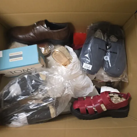 BOX OF APPROXIMATELY 12 PAIRS OF ASSORTED SHOES IN VARIOUS COLOUR, STYLES AND SIZES