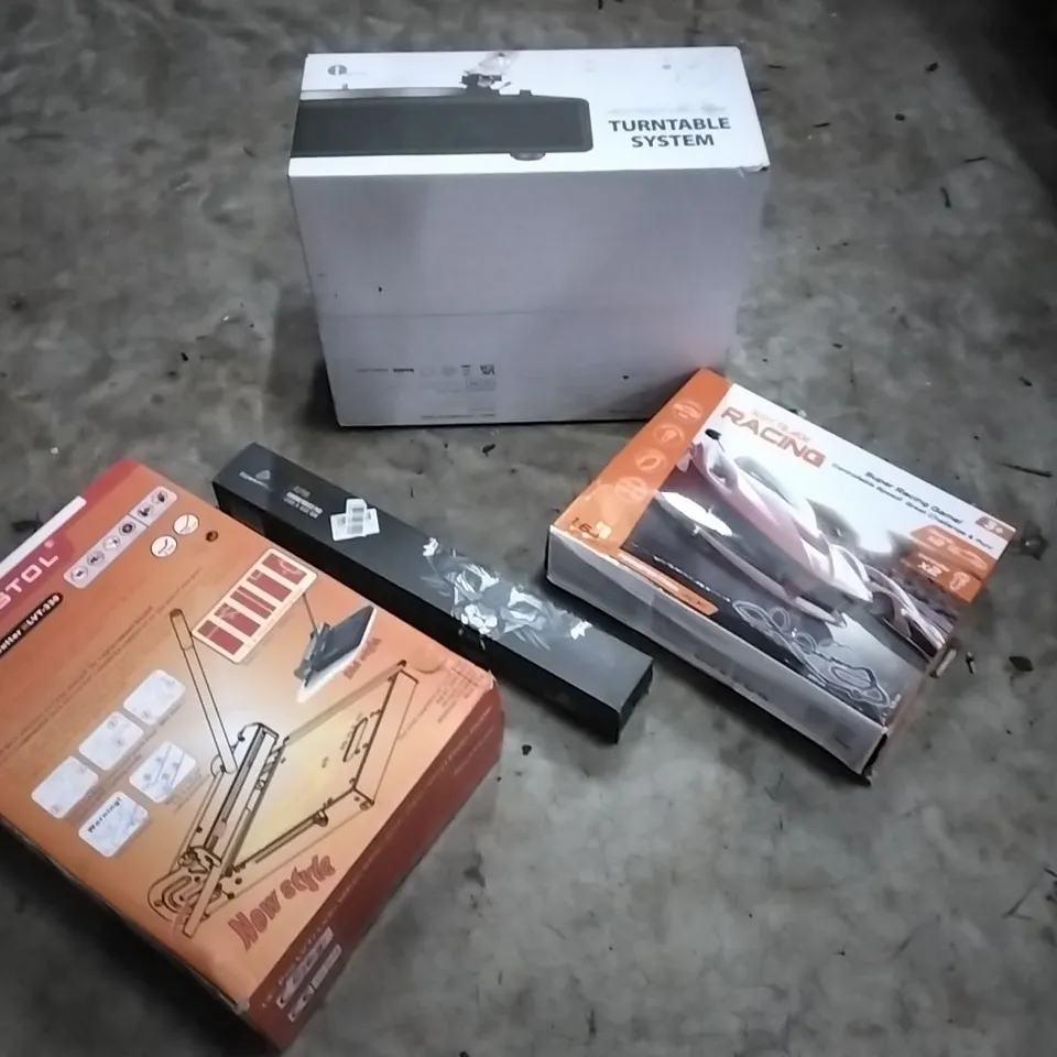 PALLET OF HOUSEHOLD ITEMS TO INCLUDE TURNTABLE SYSTEM, SLOT TRACK RACING, MOUSE PAD,PRO VINYL FLOORING CUTTER AND OTHER ASSORTED ITEMS...