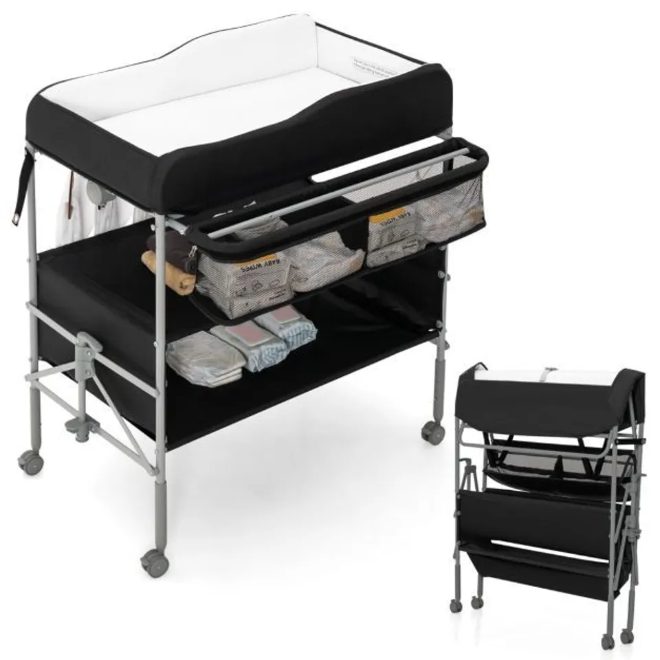 BOXED FOLDING NURSERY CHANGING TABLE WITH LOCKABLE WHEELS AND STORAGE BASKET - BLACK