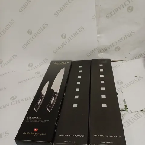 LOT OF 3 SCANPAN CLASSIC KNIVES AND SHA RA KU MONO MOLYBDENUM VANADIUM STEEL FJ-11 20CM CHEFS KNIFES