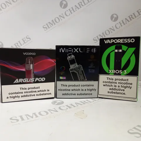 APPROXIMATELY 20 ASSORTED BOXED VAPING PRODUCTS TO INCLUDE VAPORESSO XROS 3, VOOPOO ARGUS POD, FREEMAX MAXUS 2 KIT ETC.