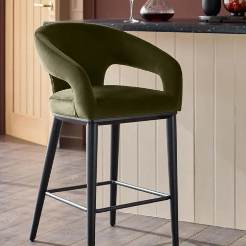 BOXED DANETTI HEATH BLACK WOOD BAR STOOL - OLIVE GREEN SIGNATURE VELVET 