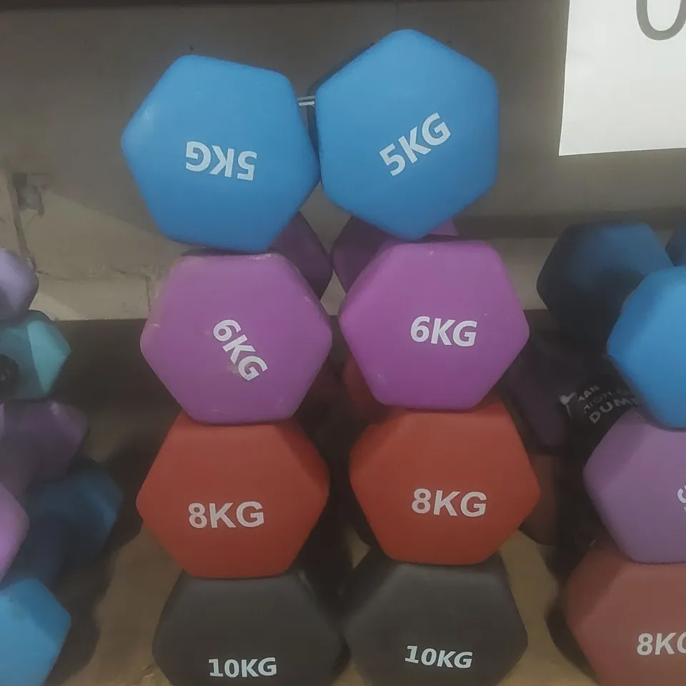 SET OF 8 KAYMAN DUMBBELLS - COLOURS VARY // 2 X 5KG, 6KG, 8KG, 10KG