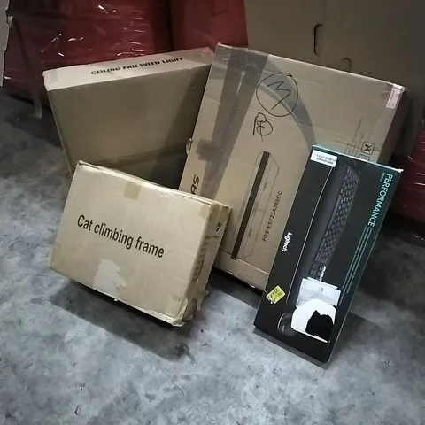 PALLET OF HOUSEHOLD ITEMS TO INCLUDE CAT CLIMBING TREE, CEILING FAN WITH LIGHT, COOKER HOOD, KEYBOARD AND OTHER ASSORTED ITEMS...