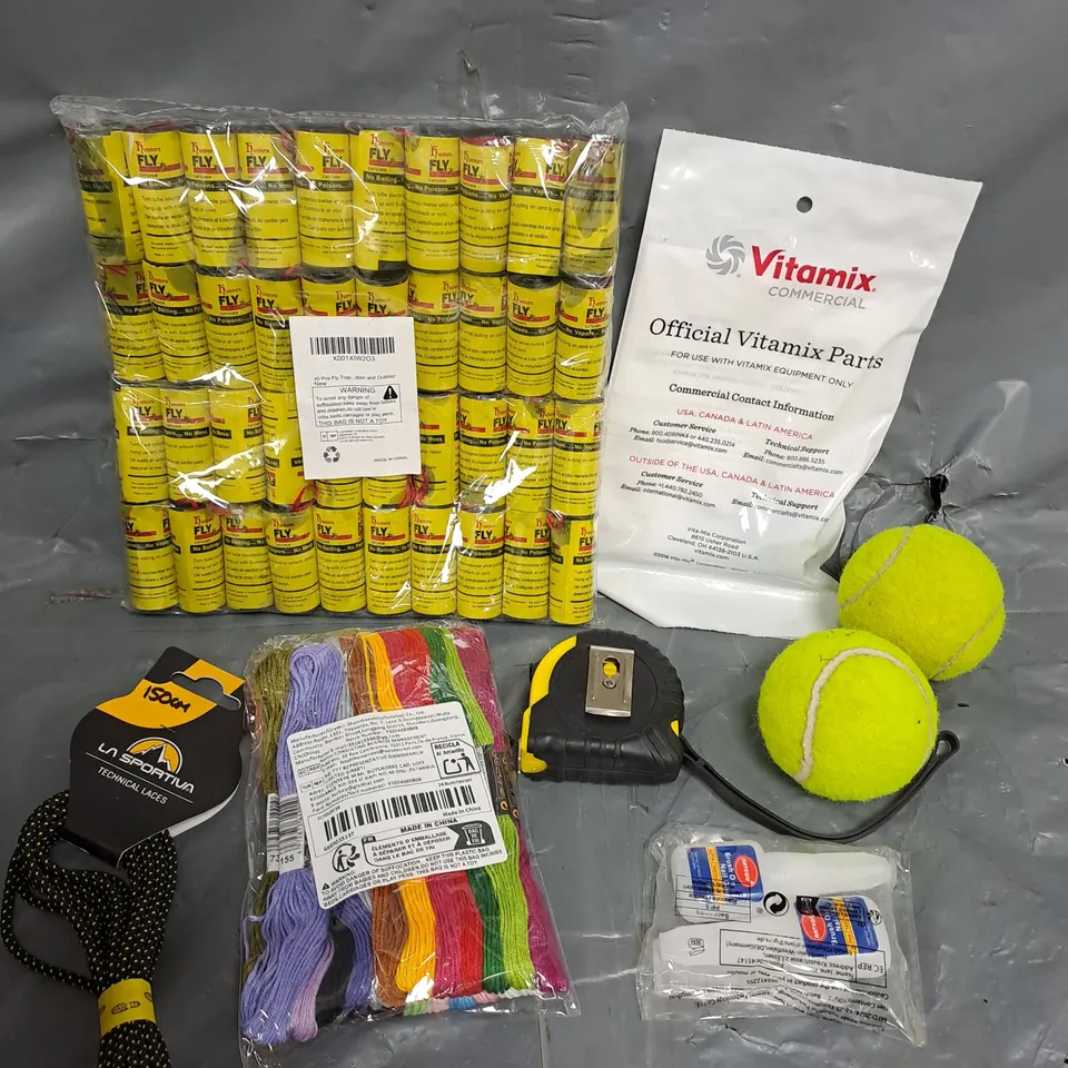 APPROXIMATELY 15 ASSORTED HOUSEHOLD ITEMS TO INCLUDE TENNIS BALLS, TAPE MEASURE, FLY TAPE ETC 