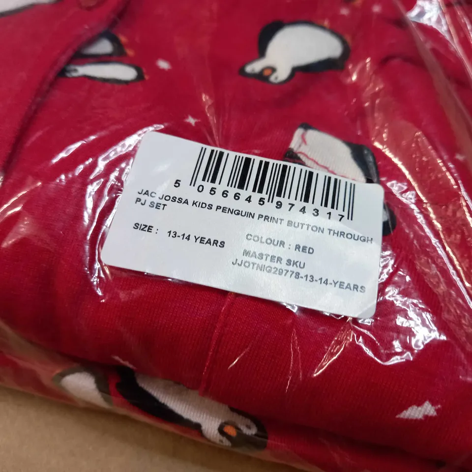 PACKAGED INTHESTYLE RED/PENGUIN PRINT BUTTON THROUGH PJ SET - AGE 13/14YRS