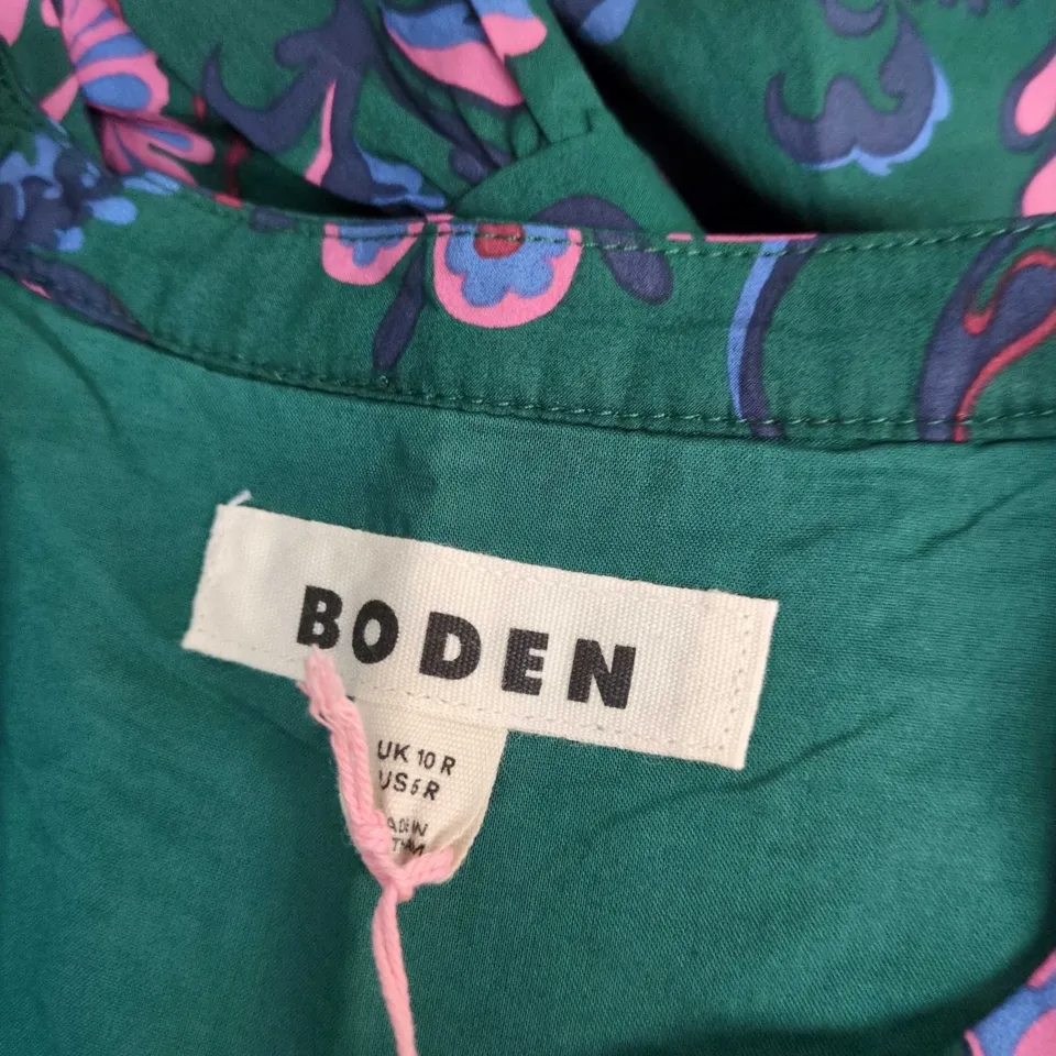 BODEN WOMEN'S FLORAL PRINT DRESS – GREEN WITH PINK & PURPLE, UK 10R