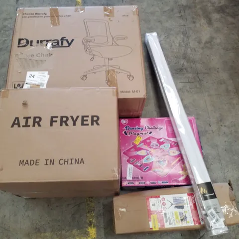 PALLET CONTAINING ASSORTED PRODUCTS INCLUDING OFFICE CHAIR, AIR FRYERS, DAY AND NIGHT ROLLER BLIND, STURDY FOLDABLE AIRER STAND & DANCING CHALLENGE PLAYMAT