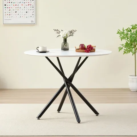 BOXED SEATTLE CIRCLE STONE WHITE CONCRETE DINING TABLE WITH STARBURST BLACK LEGS (2 BOXES)