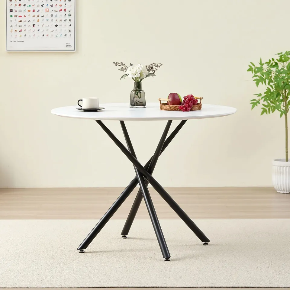 BOXED SEATTLE CIRCLE STONE WHITE CONCRETE DINING TABLE WITH STARBURST BLACK LEGS (2 BOXES)