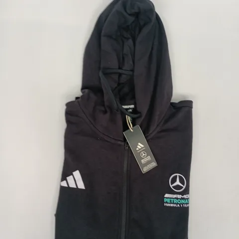 ADIDAS MERCEDES AMG PETRONAS FORMULA ONE LONG SLEEVE ZIP-THROUGH HOODIE IN BLACK/CYAN SIZE 2XL
