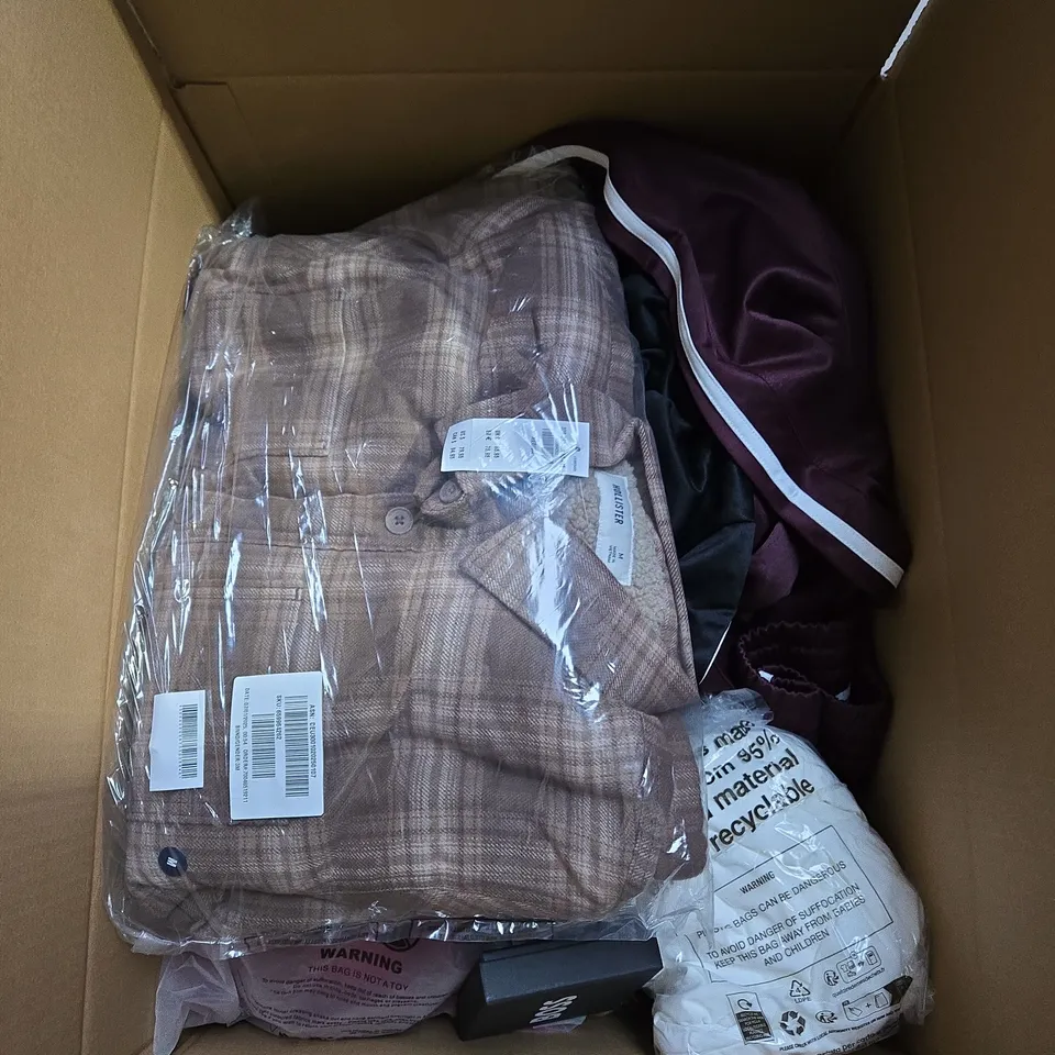 LARGE BOX OF ASSORTED CLOTHING ITEMS IN VARIOUS SIZES, STYLES AND COLOUR 