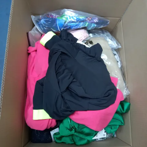 BOX OF ASSORTED CLOTHING ITEMS TOO INCLUDE JUMPERS, SHIRTS AND TROUSERS IN VARIOUS SIZES AND COLOURS