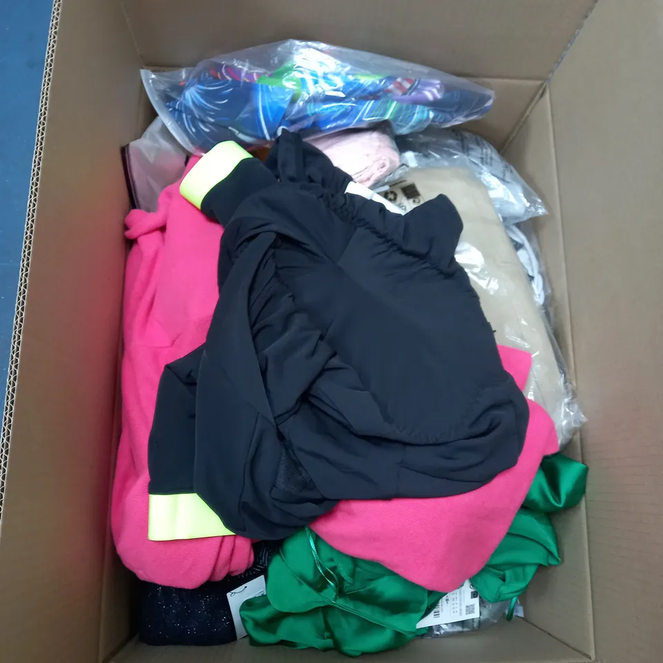 BOX OF ASSORTED CLOTHING ITEMS TOO INCLUDE JUMPERS, SHIRTS AND TROUSERS IN VARIOUS SIZES AND COLOURS   