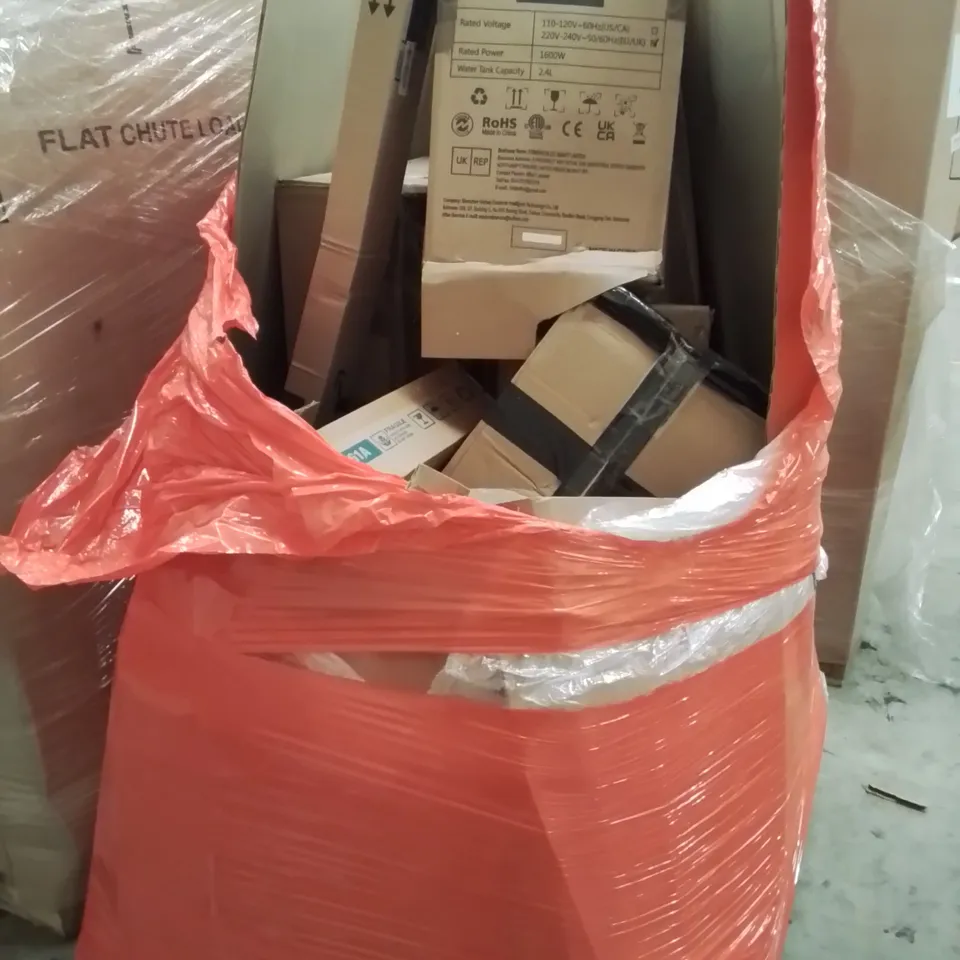 PALLET OF ASSORTED PRODUCTS, INCLUDING, GARMENT STEAMER, TV STAND, HARDWOOD CHAIR, OUTDOOR RUG.