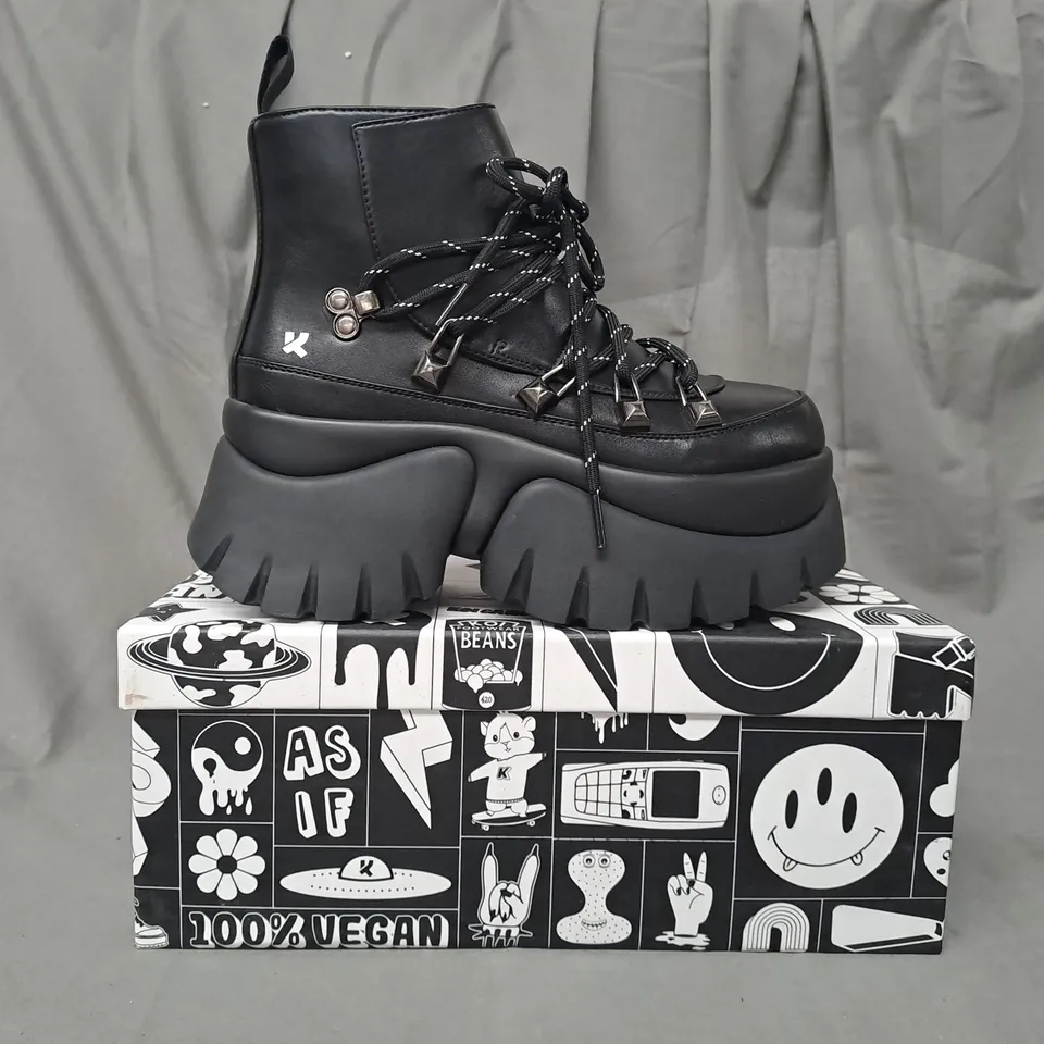 BOXED PAIR OF KOI VEGAN SIGMAR CHUNKY HIKING BOOTS IN BLACK UK SIZE 4
